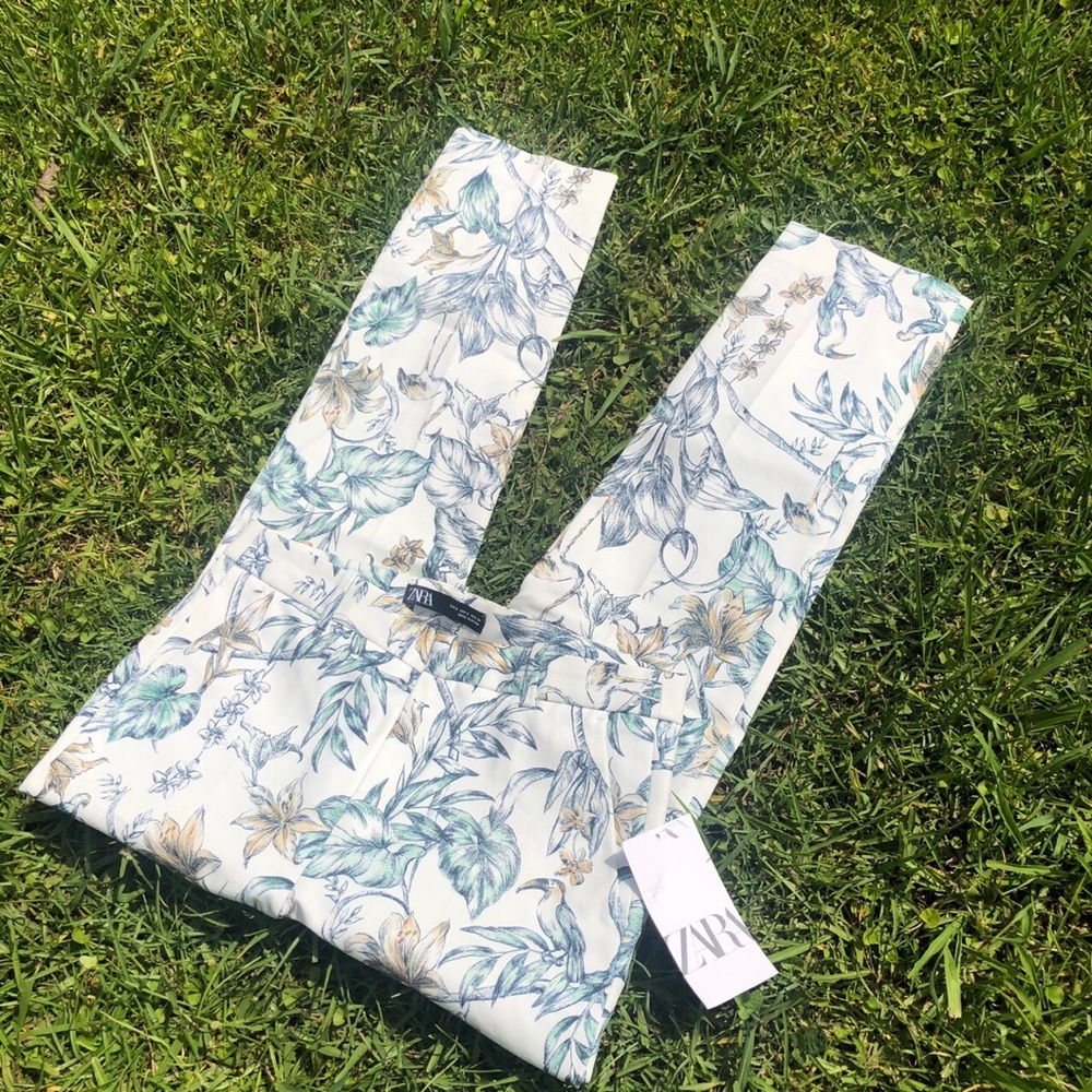 Zara White Tropical Pattern Pants